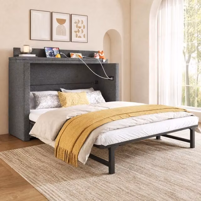 Letto a scomparsa REDOM in lino grigio con porta USB, mensola e cassetto, L/P/H: 201.5 x 150 x 95.5 cm