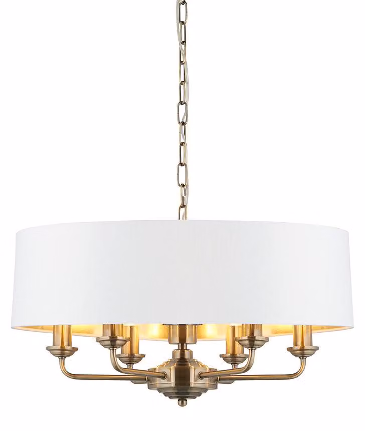 Lampada a sospensione HIGHCLERE in ottone anticato, 6xE14x15W, tessuto, dimensioni: 174x55x55 cm, IP20, Endon