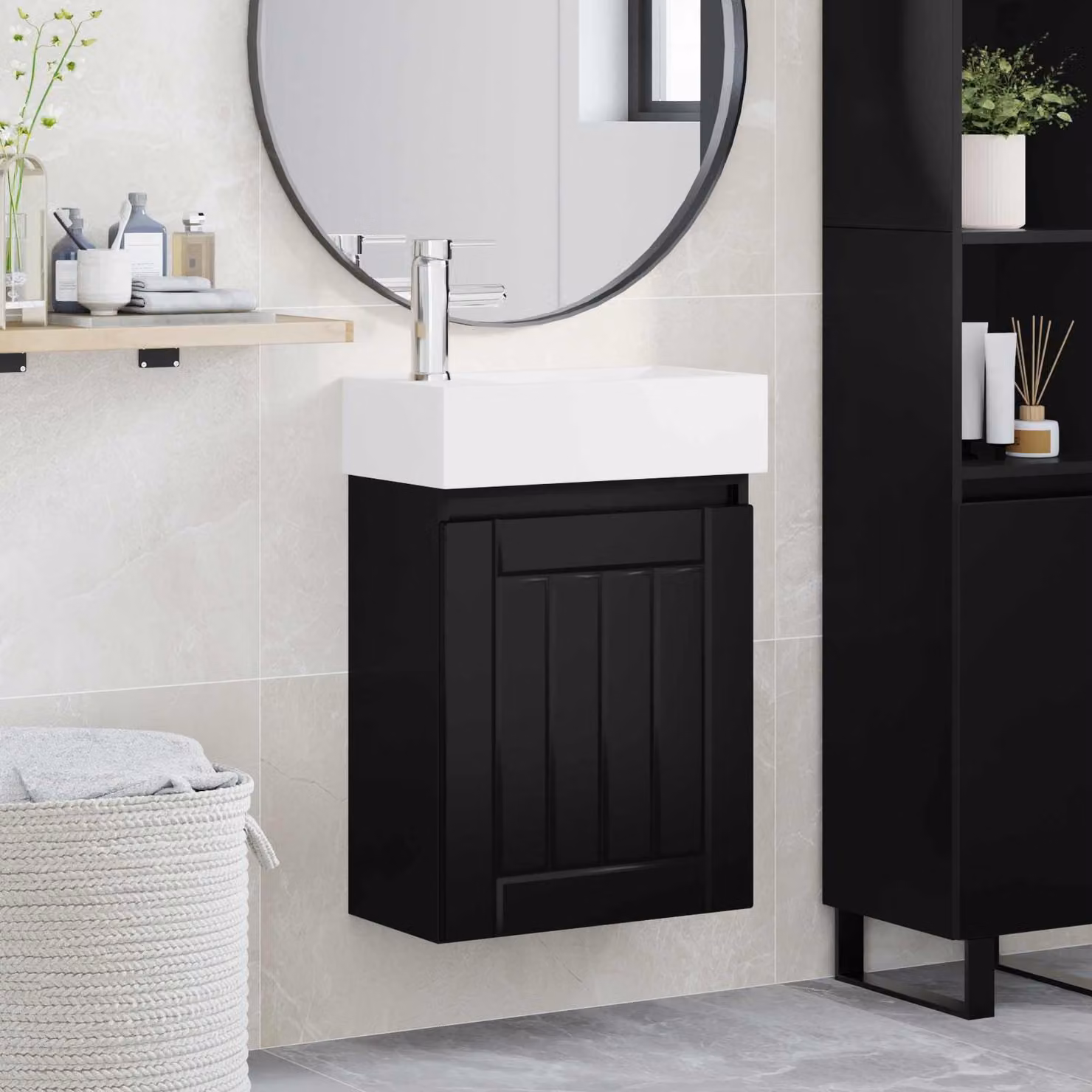 Mobile bagno moderno vidaXL con rubinetto, nero, L: 45,5 cm, P: 25,5 cm, H: 84 cm