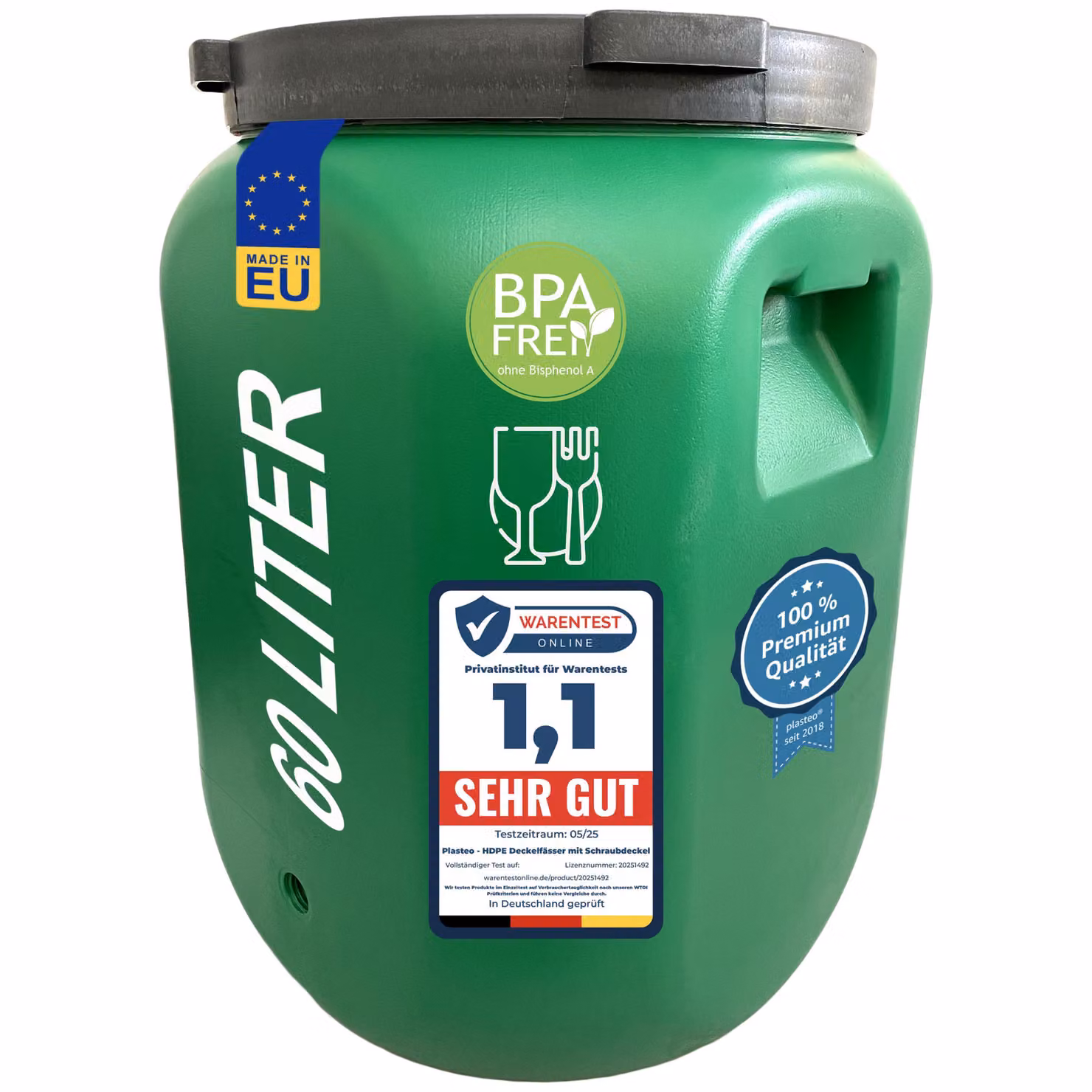 fusto a collo largo plasteo 60 L con coperchio per alimenti - robusto fusto universale in HDPE con tappo a vite, per alimenti, stoccaggio e trasporto, verde