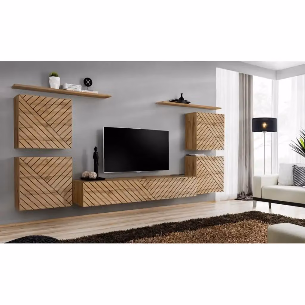 Set mobile soggiorno SWITCH IV Meublorama in Rovere Wotan con finiture fresate e design moderno, colore marrone – 2