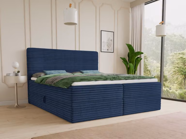 Letto boxspring Mollo con 2 cassetti, letto matrimoniale con materasso Bonell e topper, letto imbottito in morbido velluto a coste, letto, letto box, struttura letto per camera da letto (blu (Tilia 77), 160 x 200 cm)