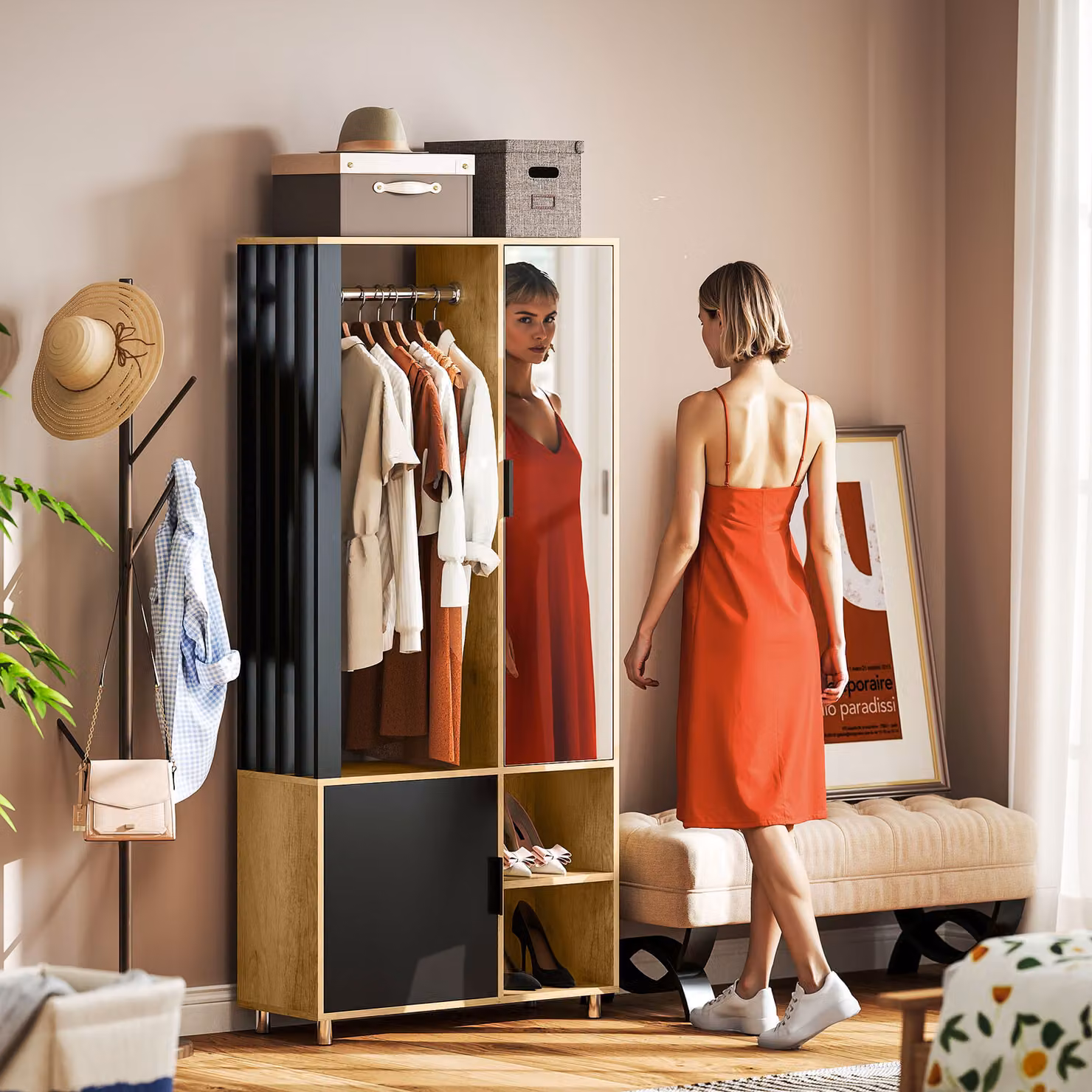 Armadio moderno HOMCOM con ante in vetro, specchio e asta appendiabiti, realizzato in legno, colore nero e marrone – 2
