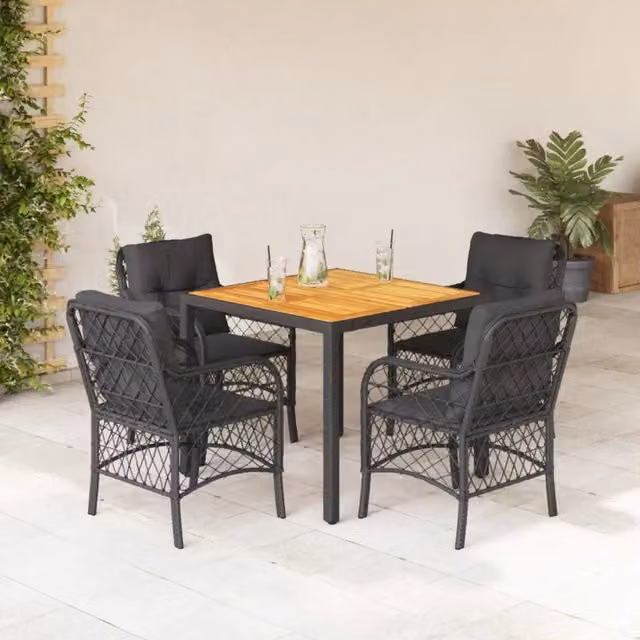 Set da Pranzo da Giardino 5 pz Nero con Cuscini in Polyrattan 3212043