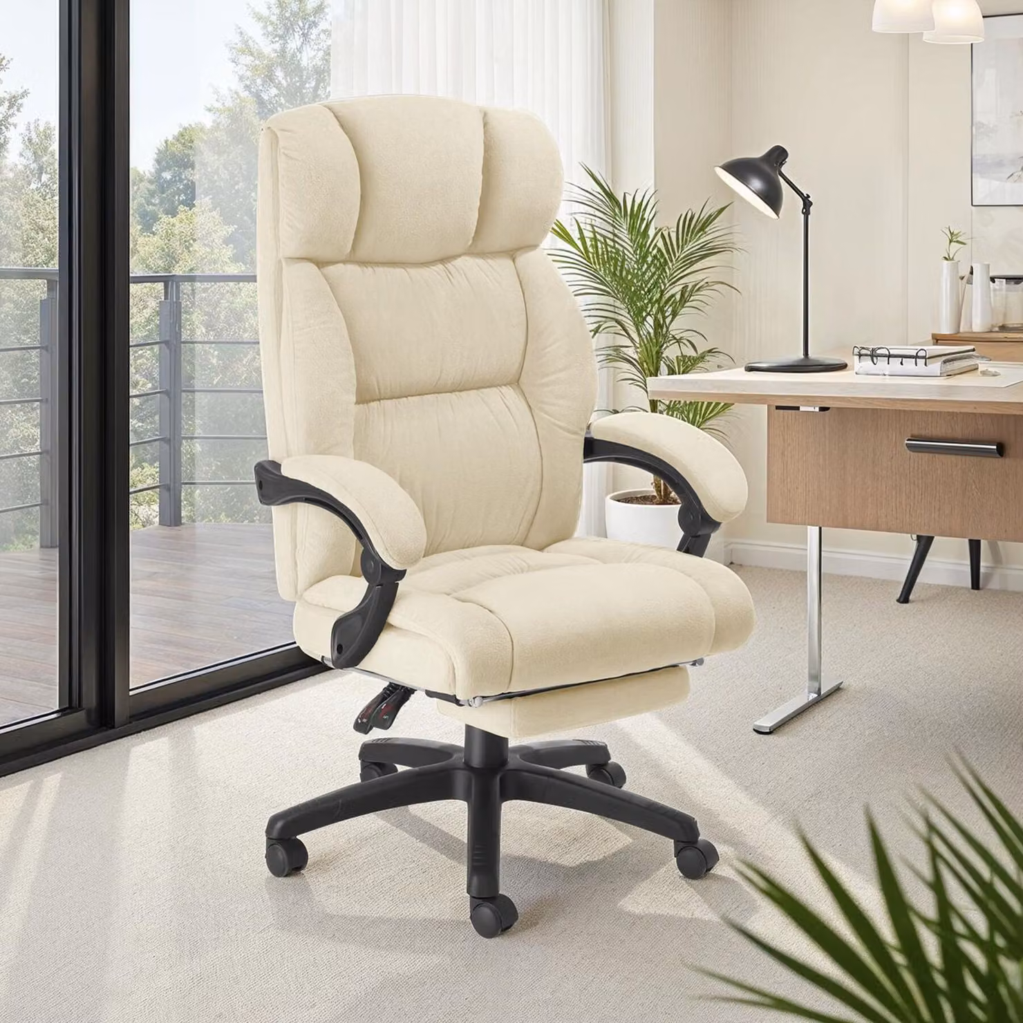 Sedia da ufficio ergonomica Tectake Jillien con poggiatesta e poggiapiedi in velluto beige – 2