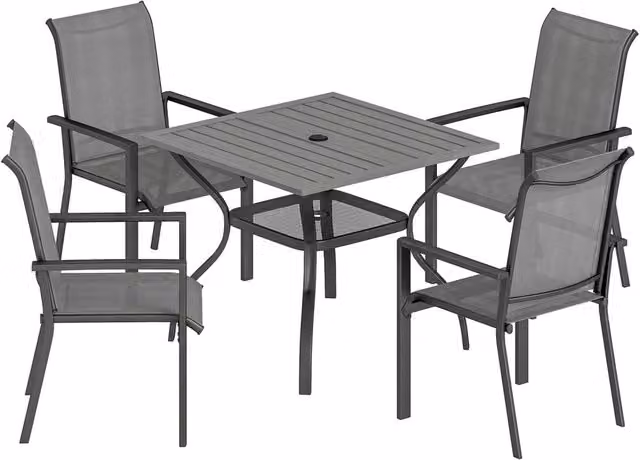 Set 5 Pezzi da Giardino Tavolo con Foro Centrale e Ripiano Inferiore con 4 Sedie Impilabili in Acciaio Grigio