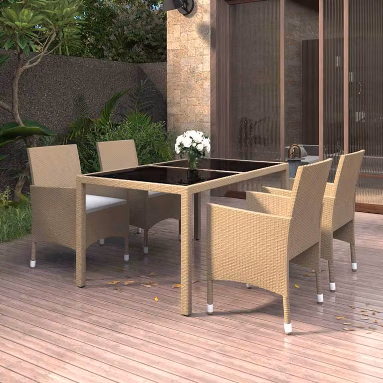 Set da pranzo da giardino vidaXL in 5 pezzi in polyrattan e vetro temperato beige e bianco