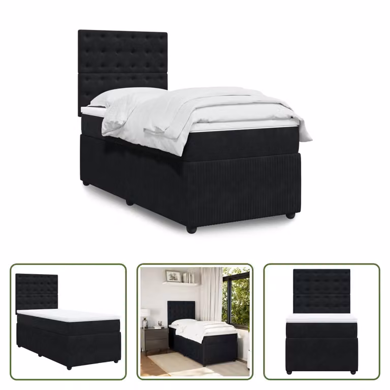 The Living Store Letto a molle con materasso nero 80x200 cm in velluto