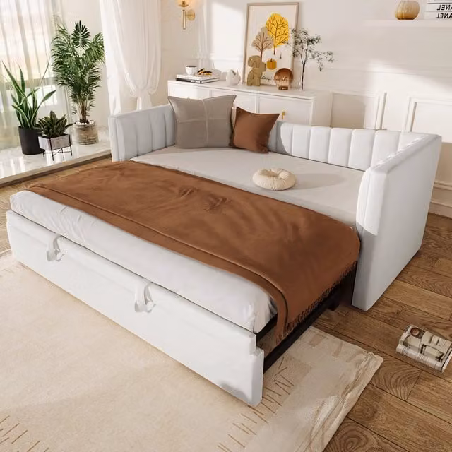 Letto REDOM con letto estraibile e cassetti in velluto bianco, L/P/H: 215 x 90 x 75 cm