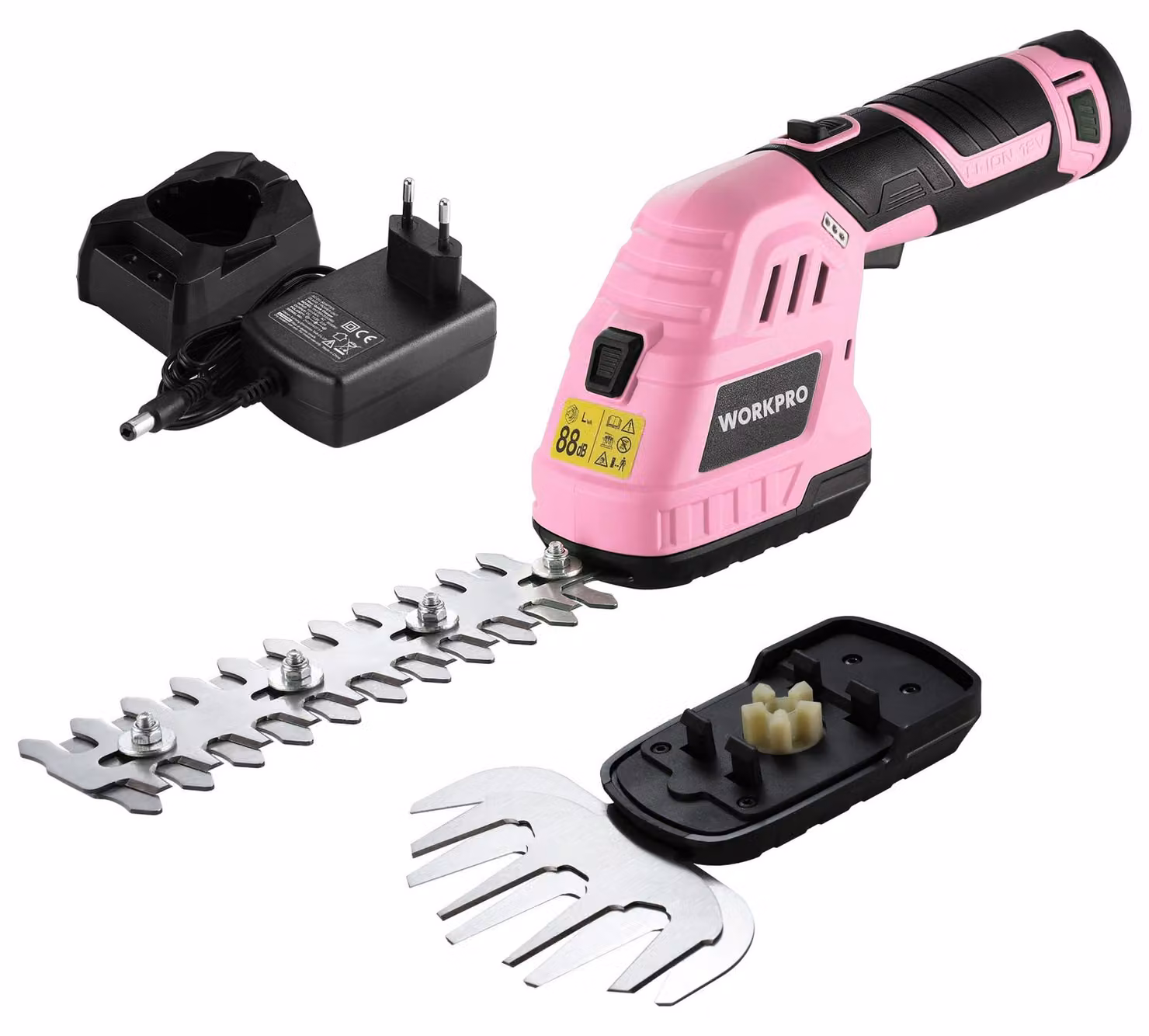 WORKPRO, cesoie da siepe a batteria da 12V, 2-in-1, colore rosa. Tagliasiepi e tagliaerba portatile con 2 lame, batteria da 2Ah e caricabatterie. Tagliasiepi elettrico e decespugliatore per lavori di giardinaggio, con larghezza di taglio di 12,5 cm e lung