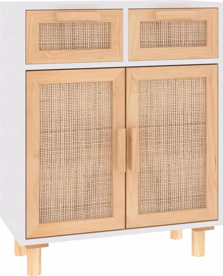 Credenza Bianca 60x30x75 cm Legno Massello Pino Rattan Naturale