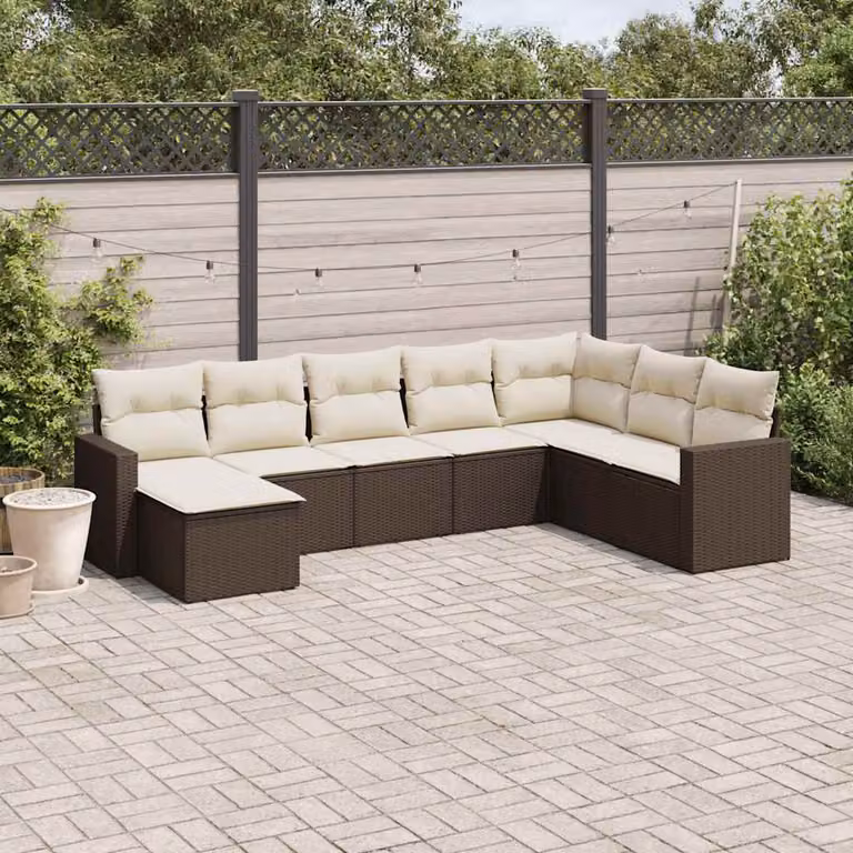 Set di Divani da Giardino vidaXL 8 pz in Polyrattan Marrone con Cuscini Bianchi e Struttura in Metallo