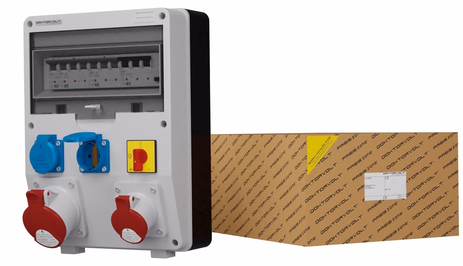 Quadro elettrico con interruttore differenziale DV-S/FI, 32A, 16A, 2x230V, con prese Schuko, marca Doktorvolt®, modello 1981