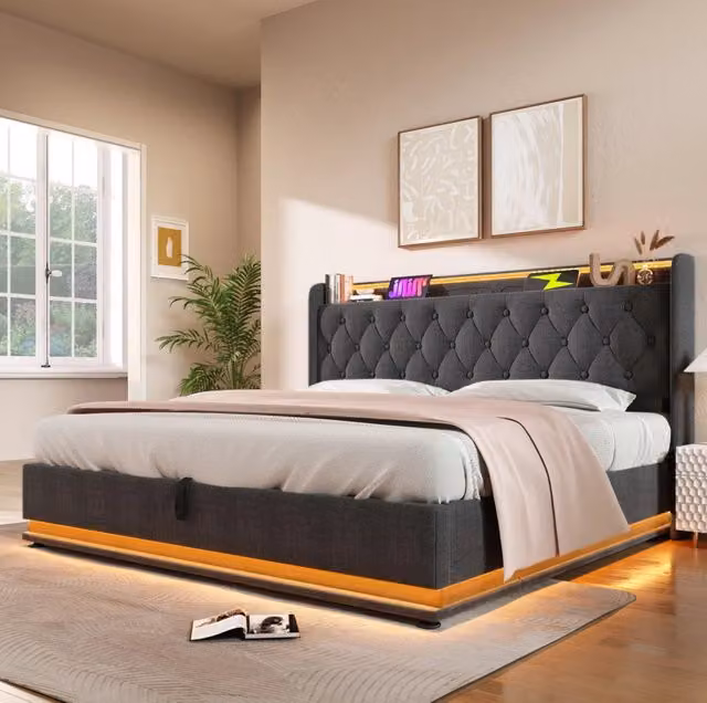 Letto matrimoniale ULEVR 140x200 cm con contenitore idraulico, LED 360¡ã, USB e Type-C, lino grigio