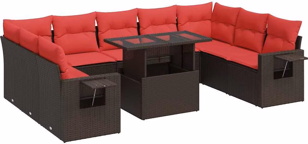 Set Divani Giardino 10 pz con Cuscini Polyrattan Marrone Acacia