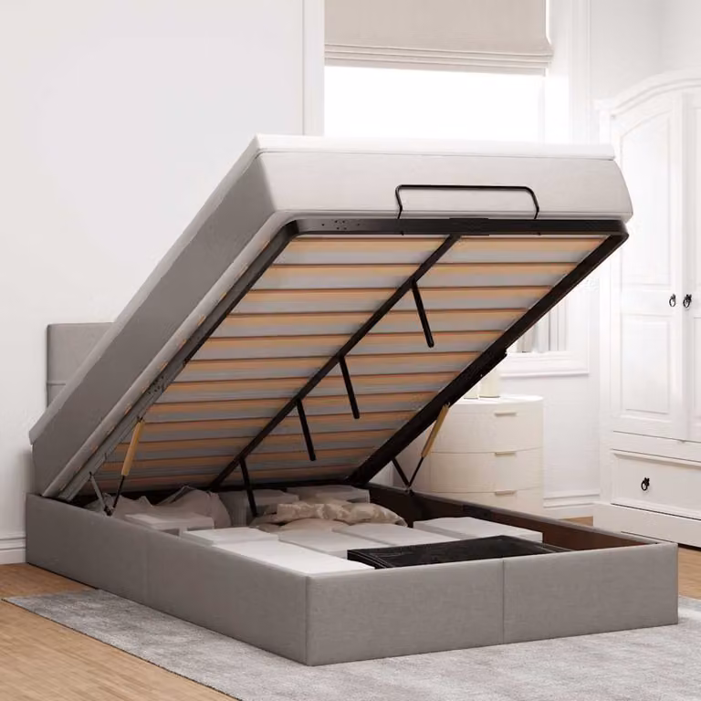Struttura Letto con Contenitore e Materasso vidaXL in Tessuto, L/P/H: 200 x 120 x 88 cm, Colore Beige/Bianco/Grigio