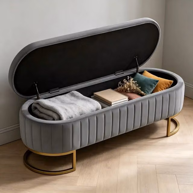 Panca Imbottita con Contenitore Minimal in Velluto Beige con Piedini in Metallo Oro