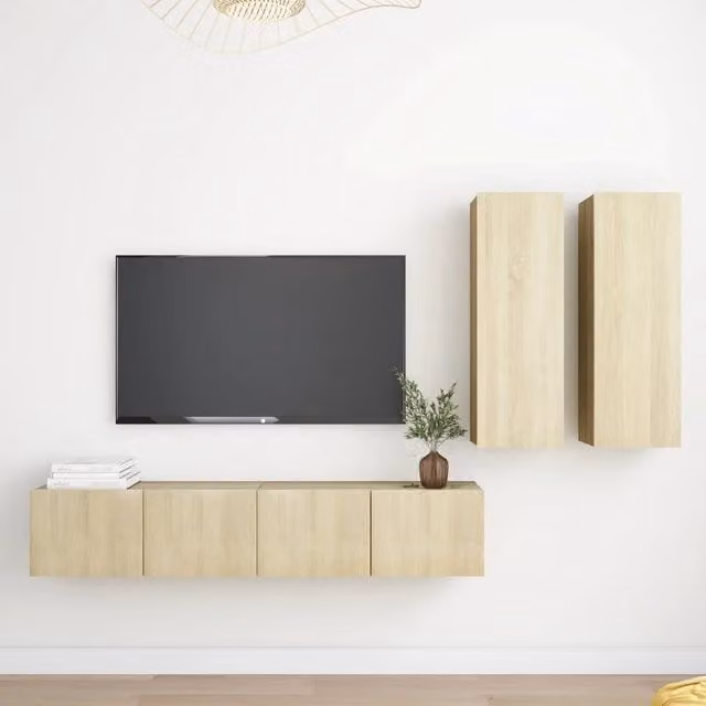 Set di mobili TV moderno vidaXL in legno multistrato color rovere, 4 pezzi, montaggio a parete