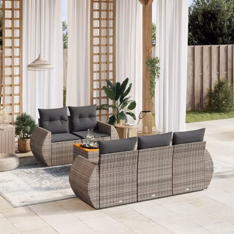 vidaXL Set Divano da Giardino a L in Polyrattan Grigio con 6 Cuscini Imbottiti e Tavolino