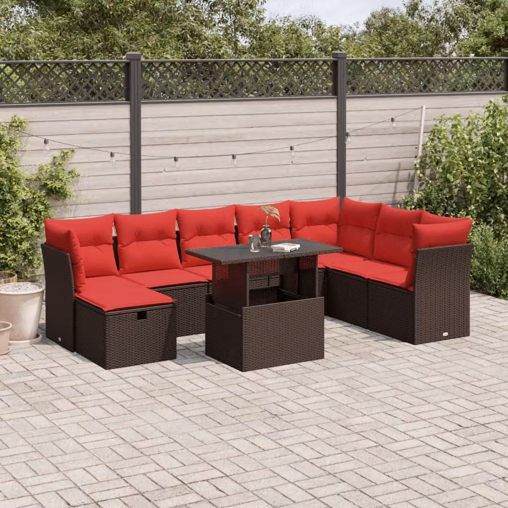Set Divani da Giardino vidaXL 9 Pezzi in Polyrattan Marrone con Cuscini e Tavolino da Esterno