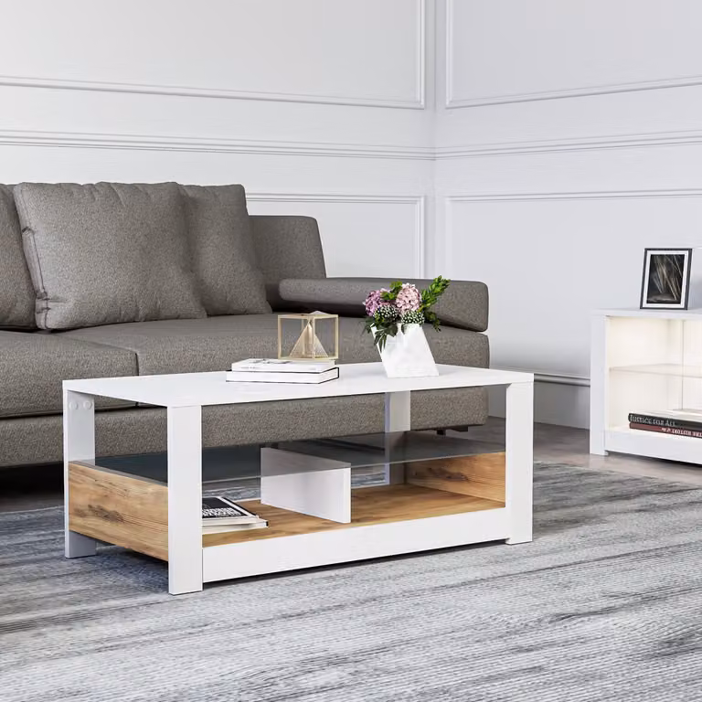 Skye Decor, tavolino moderno con ripiano in vetro, 90 x 37 x 45 cm | Pannello truciolare rivestito al 100% in melamina, spessore 18 mm | Possibilità di fissaggio a parete, bianco e rovere, design elegante.