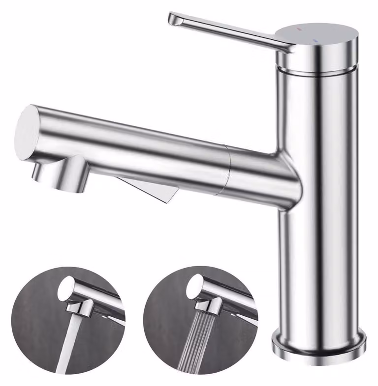 Miscelatore monocomando per lavabo da bagno, estensibile, in acciaio inossidabile SUS304 cromato lucido
