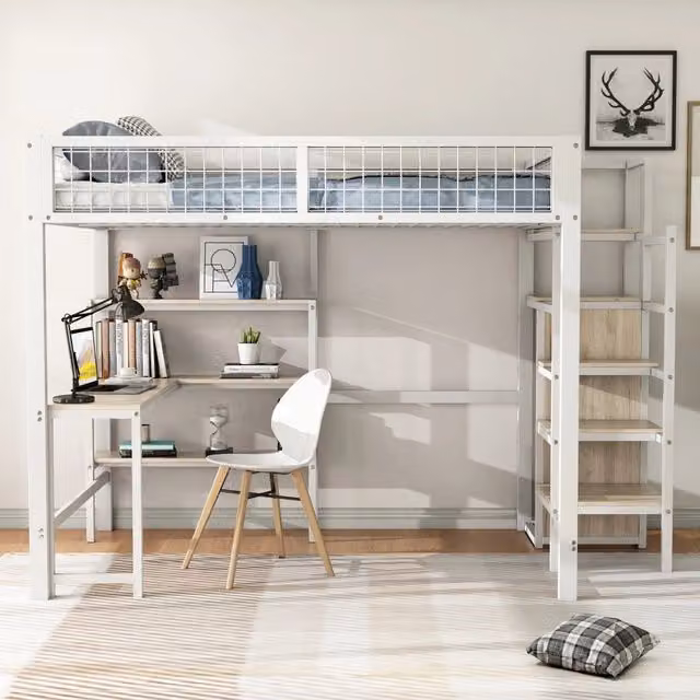 Letto a soppalco 140x200 con scrivania; armadio integrato e scaffali; struttura in metallo e MDF bianco