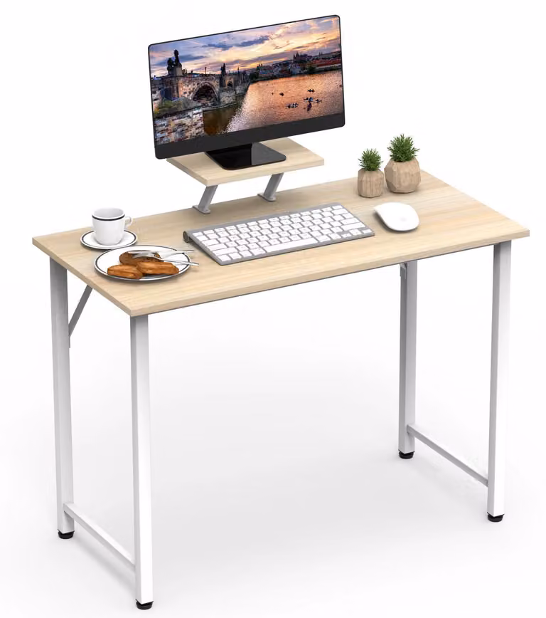 Scrivania - Scrivania per computer - Con ripiano per monitor - 100 x 50 x 70 cm - Struttura in metallo - Da montare - Colore legno naturale