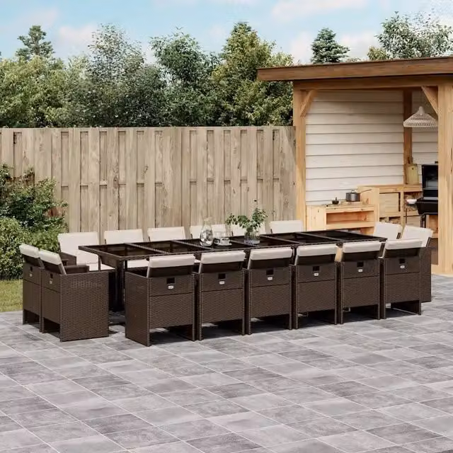 Set da pranzo da giardino vidaXL in polyrattan marrone con 17 pezzi e cuscini – 1