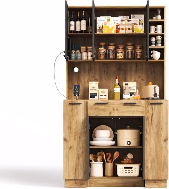 Armadio cucina alto con LED RGB 100 × 40 × 180 cm; presa 2 AC e 2 USB; MDF nero e legno naturale