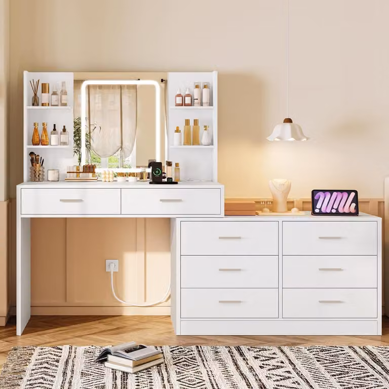 Comò da trucco con specchio a LED, presa di corrente, 8 cassetti, forma a L, colore bianco