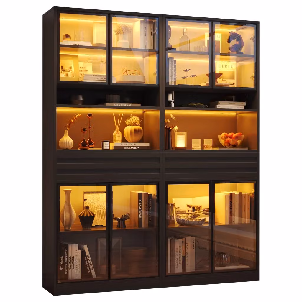 Vetrina Chicfurn per soggiorno in MDF nero con 4 ante in vetro, 1 cassetto e illuminazione LED multicolore L/P/H: 80 x 35 x 200 cm – 2