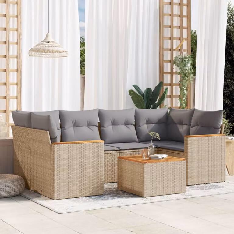 Set di divani da giardino vidaXL in polyrattan beige con cuscini e tavolino da esterno a forma di L