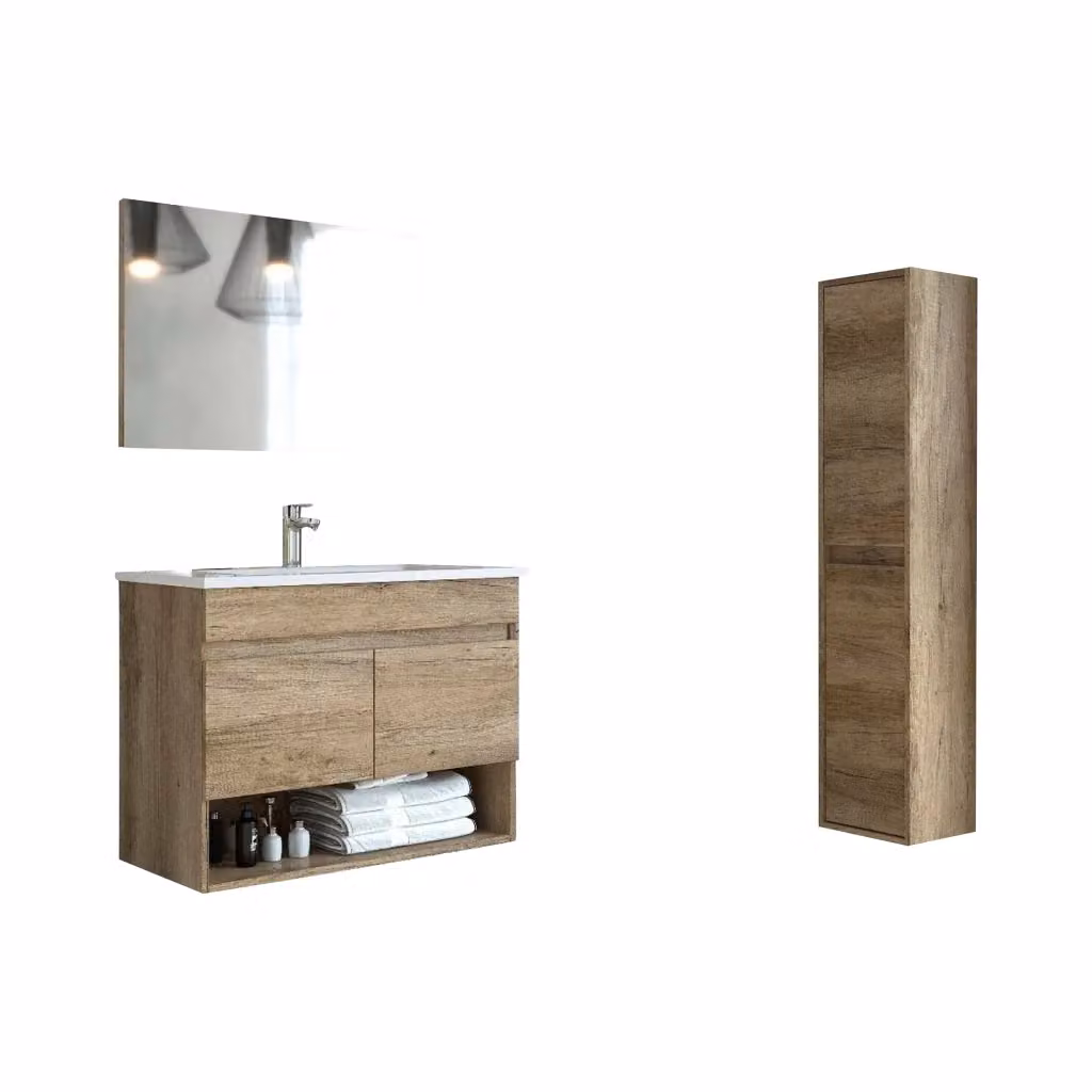 Set Mobili Bagno Moderno DMORA Sassola in Legno Marrone Quercia con Mobile Lavabo, Colonna e Specchio, L/P/H: 80 x 45 x 64 cm – 2