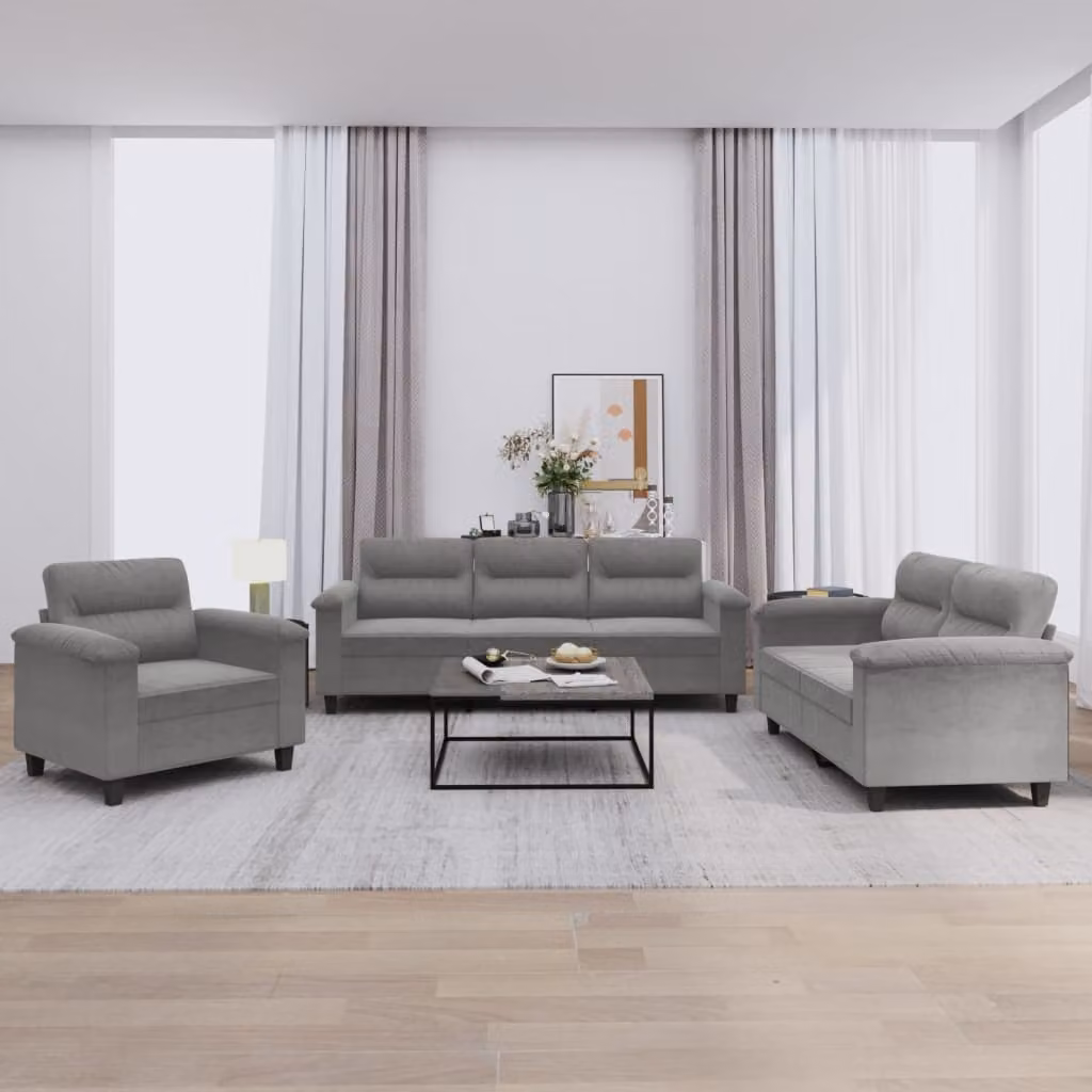 Set di Divani vidaXL 3 Pezzi in Microfibra Grigio con Cuscini e Braccioli per Soggiorno – 1