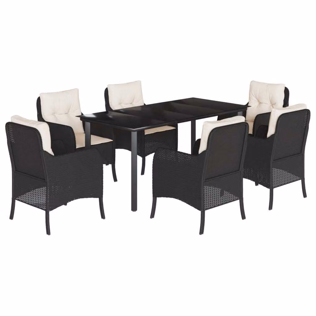 Set da Pranzo da Giardino 7 pz Nero con Cuscini in Polyrattan