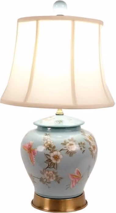 Fine Asianliving Lampada da tavolo cinese in porcellana turchese dipinta a mano con fiori D35xH63cm