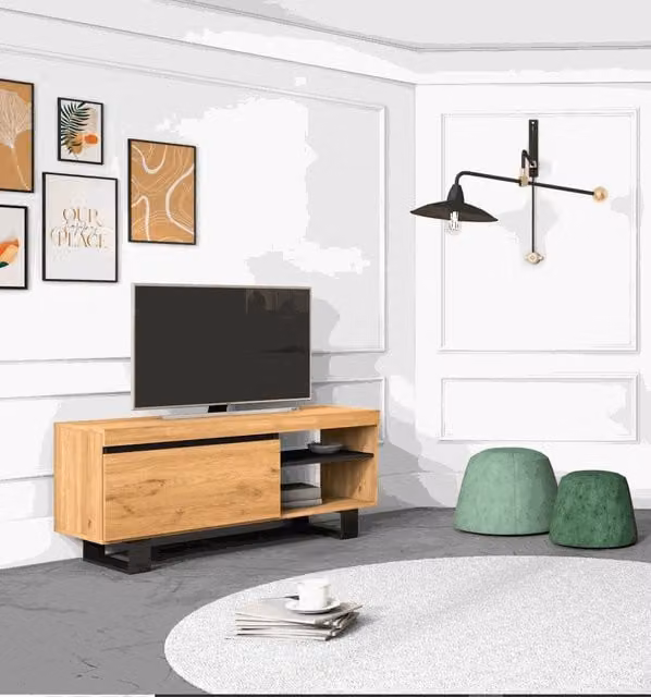 Mobile TV moderno SKRAUT HOME per soggiorno con 1 porta e 2 scomparti, colore Rovere e Nero, L 120 cm x P 40 cm x H 53 cm – 1