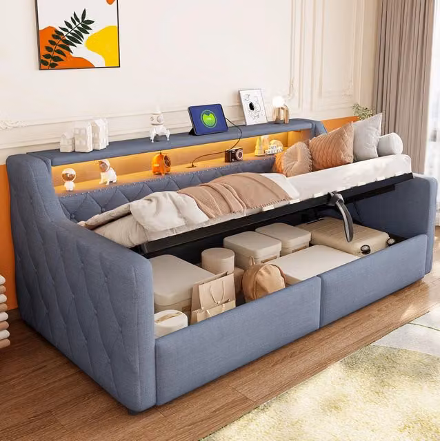 Letto daybed MODFU in lino grigio con contenitore idraulico, illuminazione LED multicolore e porte USB/USB-C, L/P: 200 x 90 cm – 1