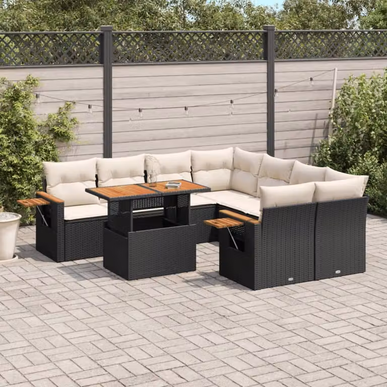 Set di divani da giardino vidaXL a forma di L composto da 9 pezzi in polyrattan nero con cuscini imbottiti e tavolino da esterno