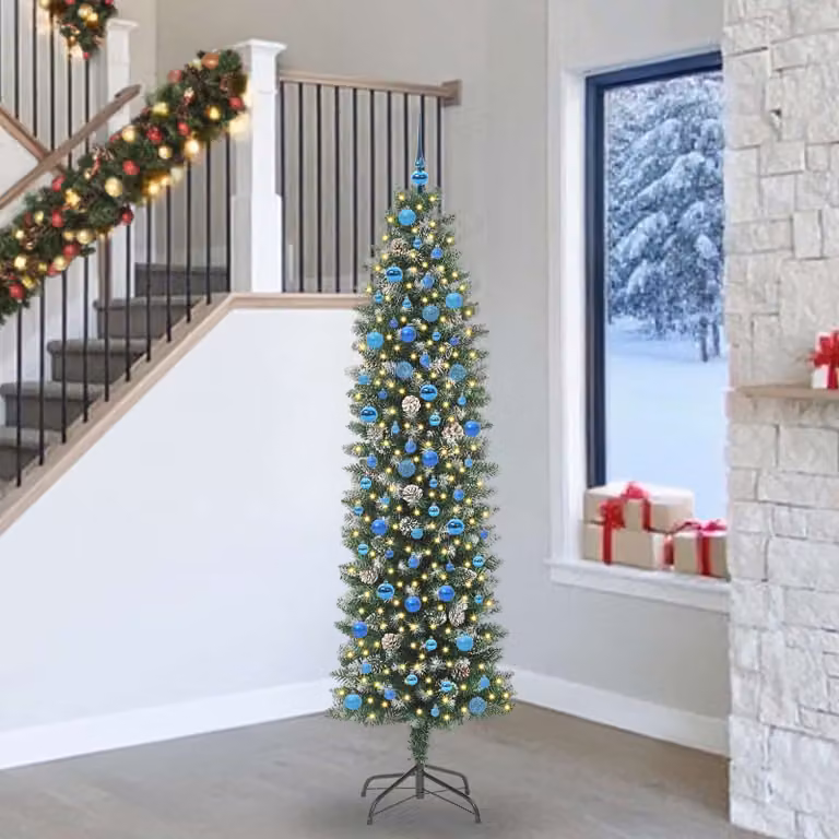 Albero di Natale Artificiale Sottile Moderno vidaXL Verde e Bianco con LED Warm White