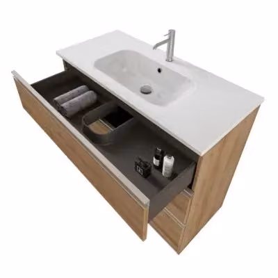 Mobile bagno Master in rovere miele con lavabo e specchio con illuminazione LED, Larghezza: 100 cm – 2