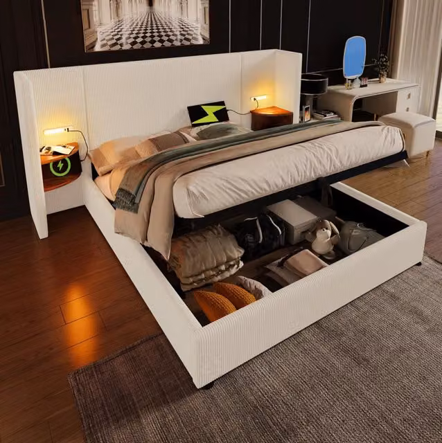 Letto 180x200 cm con contenitore idraulico, luce lettura USB e USB-C in tessuto a coste beige
