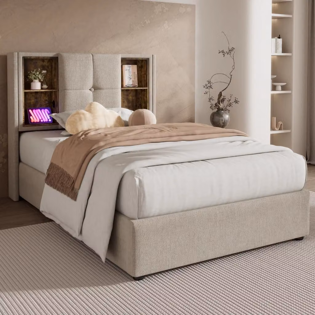 Letto singolo Mivray con contenitore a sollevamento, ricarica wireless e porte USB/USB-C, struttura in legno di pino e tessuto beige, L/P/H: 90 x 200 x 100,5 cm – 2