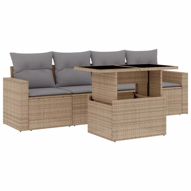 Set Divano da Giardino 5 pz con Cuscini Beige in Polyrattan