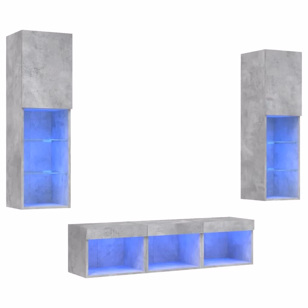 Mobile TV a muro vidaXL con illuminazione LED integrata, design moderno in grigio cemento e legno, set di 5 pezzi – 2