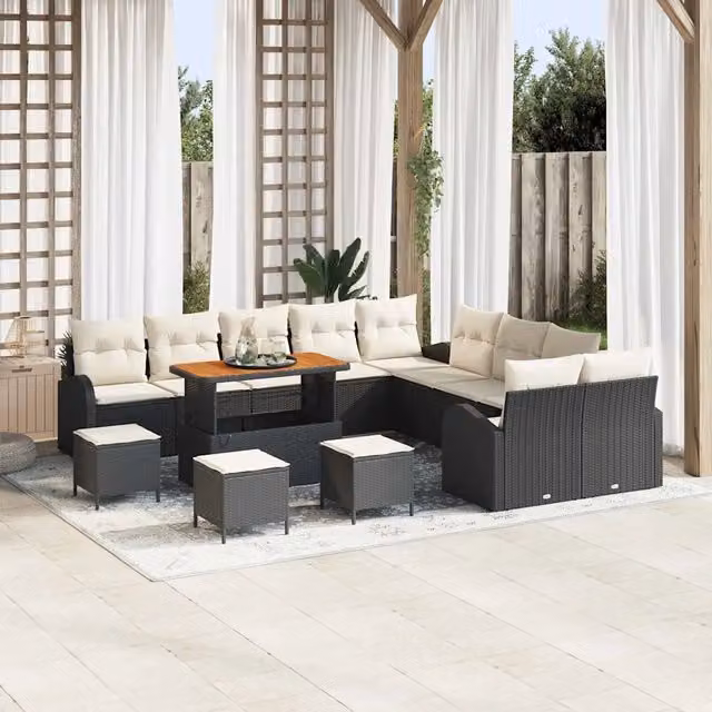 Set Divano da Giardino a Forma di U vidaXL in Polyrattan Nero con Cuscini e Tavolino da Caffè – 1