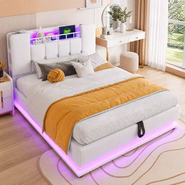 Letto imbottito per bambini REDOM in velluto beige con illuminazione LED, porta USB, mensola e contenitore contenitore, L/P: 90 x 200 cm