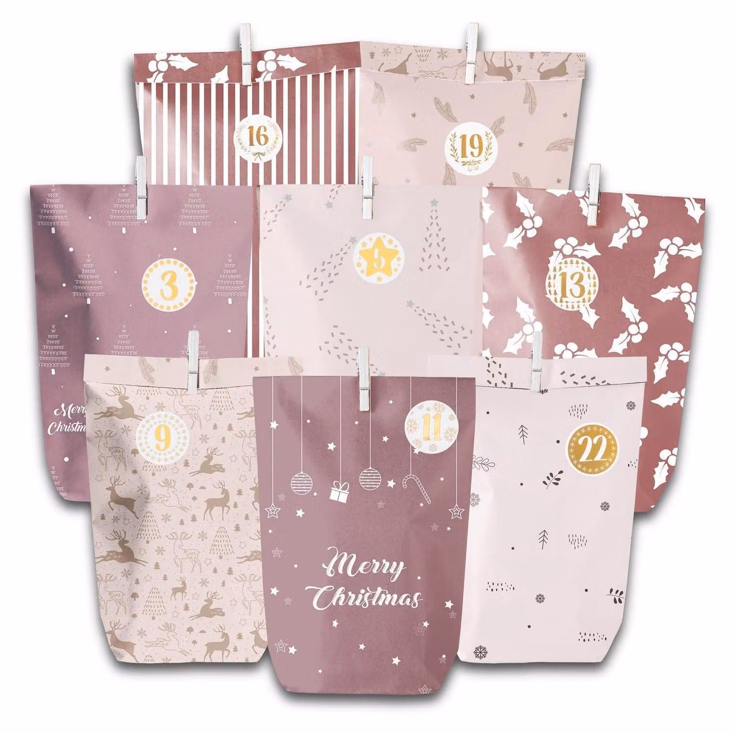 Set di 28 sacchetti per l'avvento, in carta rosa, con numeri adesivi, graffette di legno e corda di iuta