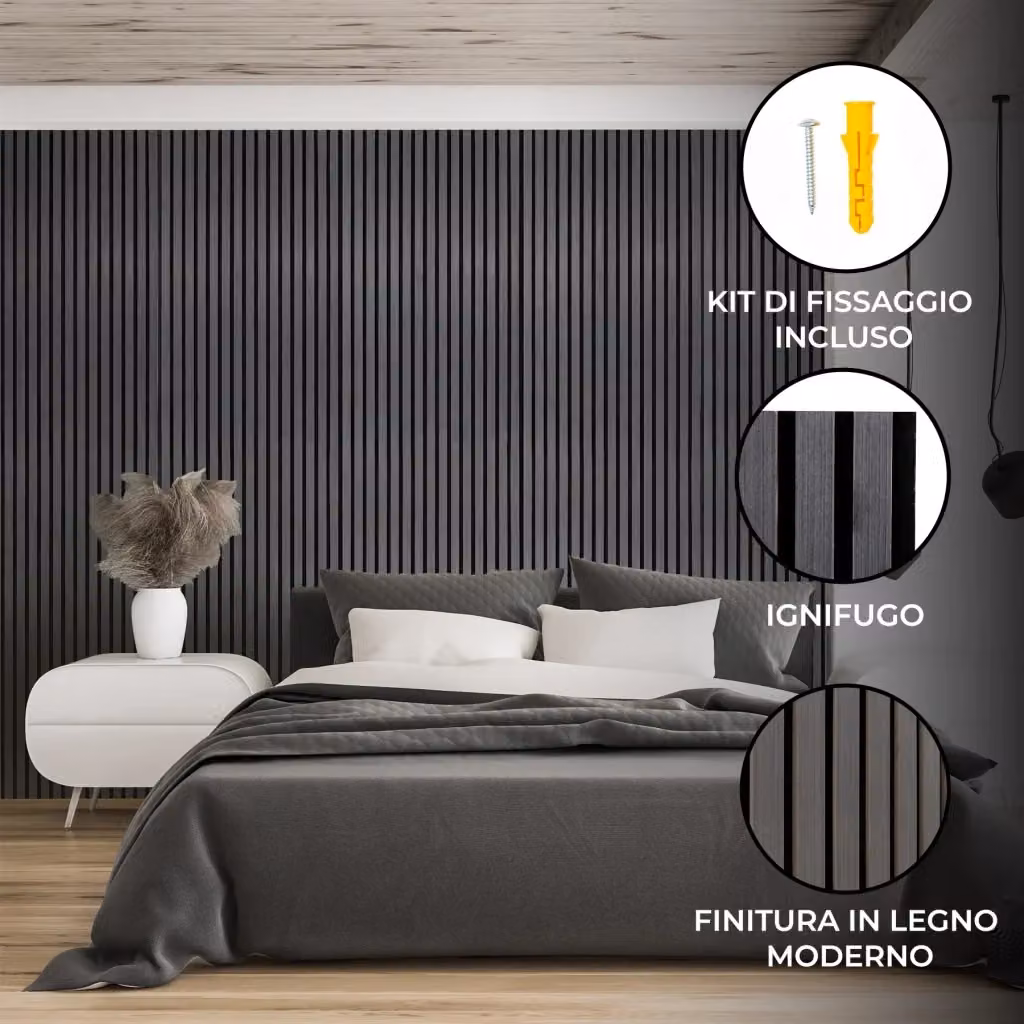 Set di 3 Pannelli Fonoassorbenti con Doghe Effetto Legno in MDF di Monster Group BV, Grigio Antracite, L: 60 cm, H: 240 cm – 2